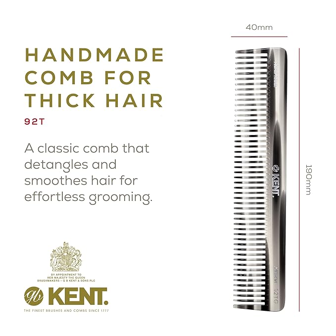 Kent 92T Black Graphite Wide Tooth Women’s Detangler Comb for Curly, Wavy, and Thick Hair – Ideal for Use on Wet Hair – Gentle, Shower Comb for – Anti-Static, Smooth - Styling Tool by Kent