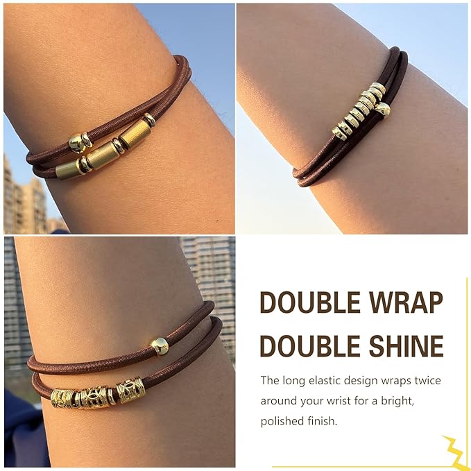 Brown Extra Large Long Bracelet Hair Ties for Thick Curly Hair,3 Pack 3mm Elastic Ponytail Holders Accessories for Women No Damage Stretchy Pony Tails Bands with Gold Metal Charms Beads