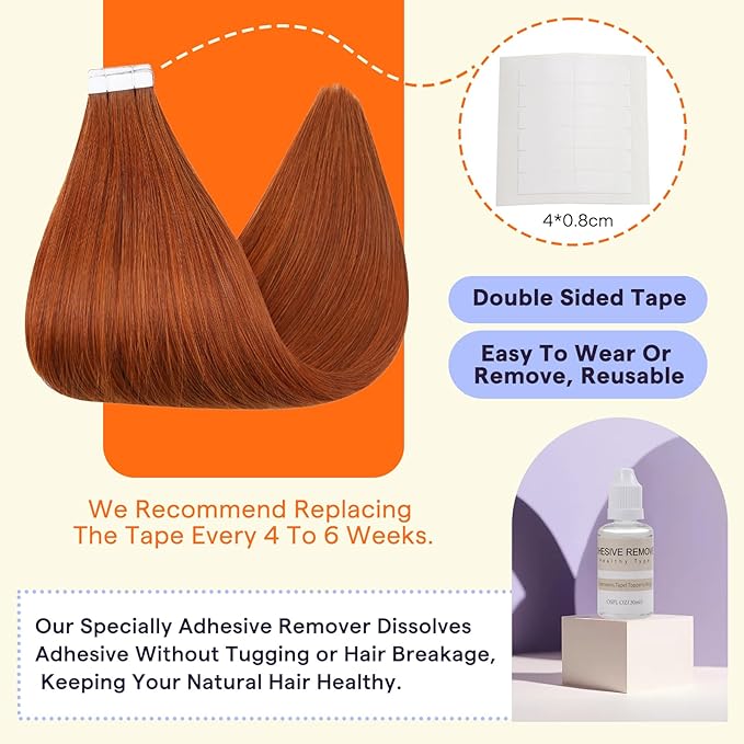Full Shine Tape in Hair Extensions Human Hair 18 Inch Color 550 Copper Seamless Straight Remy Human Hair Extensions Tape in 50Grams Natural Soft Double Sided Extensions 20PCS for Wedding