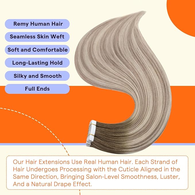 Full Shine Tape in Extensions Real Human Hair 12 Inch Natural Short Hair Extensions Tape in Balayage Color 8/60/18 Ash Brown to Blonde Double Sided Hair Extensions 20PCS Natural 30grams