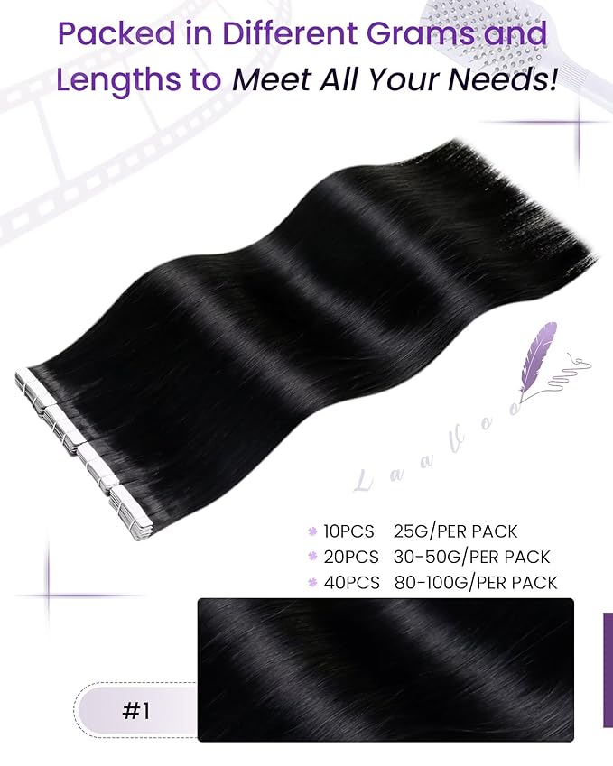 LaaVoo Hair Extensions Tape in Ombre Real Human Hair Tape in Extensions Natural Black to Medium Brown Mixed Caramel Brown 24 Inch 20pcs/50g