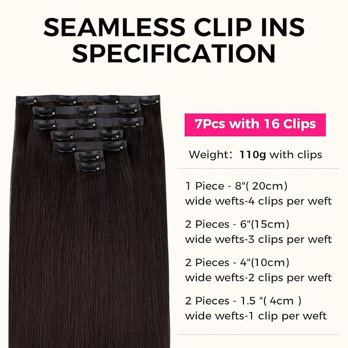 Lashey Seamless Clip-in Hair Extensions - Human Hair, Dark Brown, Light Yaki, Straight, 7pcs, 110g, 18 Inch PU Weft, Natural, for Women