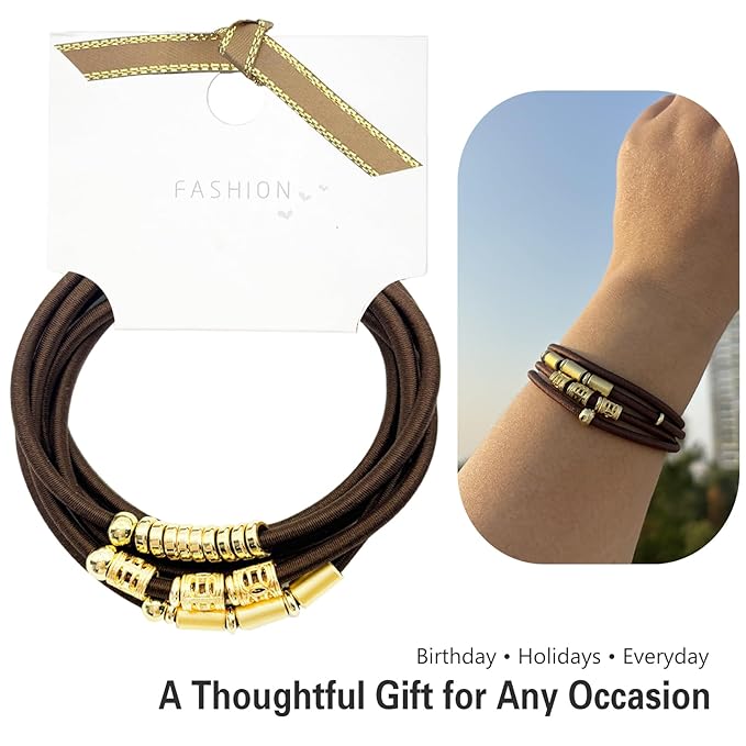 Brown Extra Large Long Bracelet Hair Ties for Thick Curly Hair,3 Pack 3mm Elastic Ponytail Holders Accessories for Women No Damage Stretchy Pony Tails Bands with Gold Metal Charms Beads