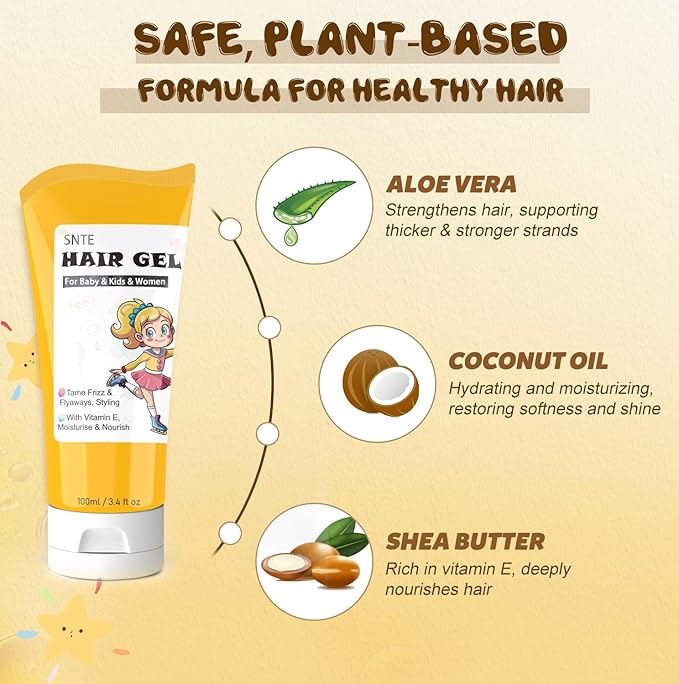 Samnyte Hair Gel for Kids, Baby Hair Gel Fly Away Hair Tamer, Styling Gel - Vitamin E Moisturize and Nourish, Flexible Hold Designed for Boys & Girls 3.4 Fl Oz
