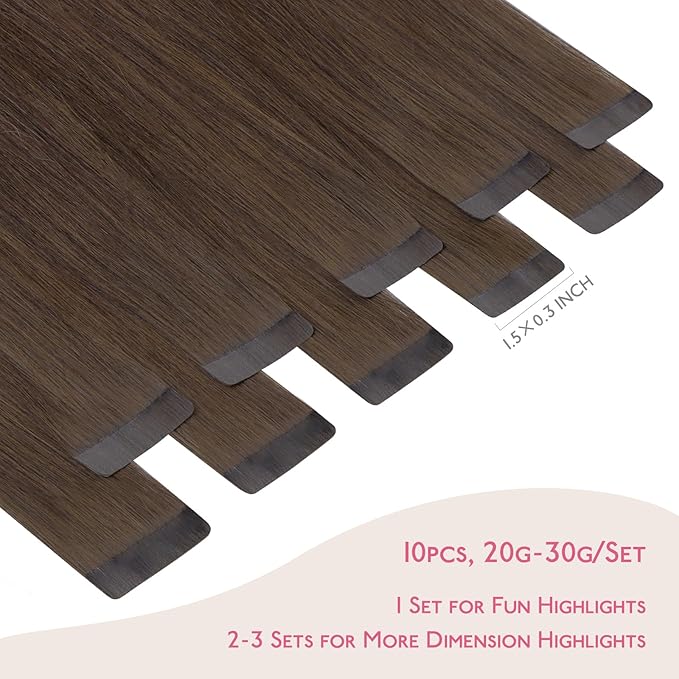 WENNALIFE Tape in Hair Extensions Human Hair Chocolate Brown Tape in Extensions, 10pcs 25g 14 inch Remy Invisible Tape Ins Straight Soft Real Human Hair Tape in Extensions Refill Set Extensions
