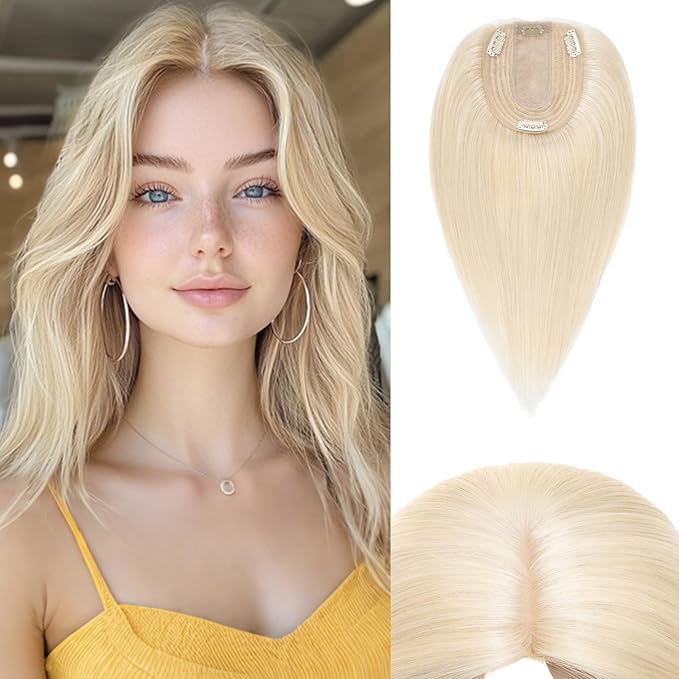 Rich Choices Hair Toppers for Women Real Human Hair 100% Human Remy Toppers NO Bangs for Women with Thinning on Top Clip in Hairpiece 4"x4.7"Lace Base 14 Inch #60 Platinum Blonde