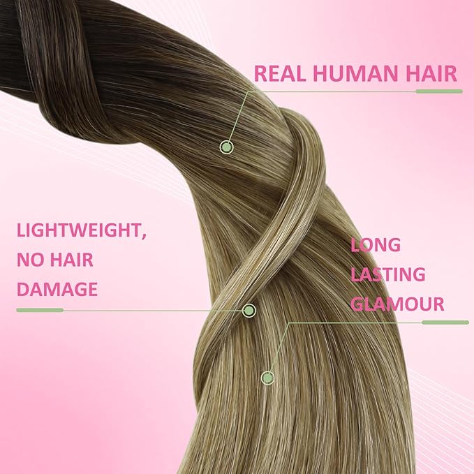 YoungSee Tape in Extensions Balayage Tape in Hair Extensions Human Hair Ombre Dark Brown to Brown with Blonde Tapes on Hair Extension 20pcs Real Hair 22In Long Hair Extension 50g for Parties