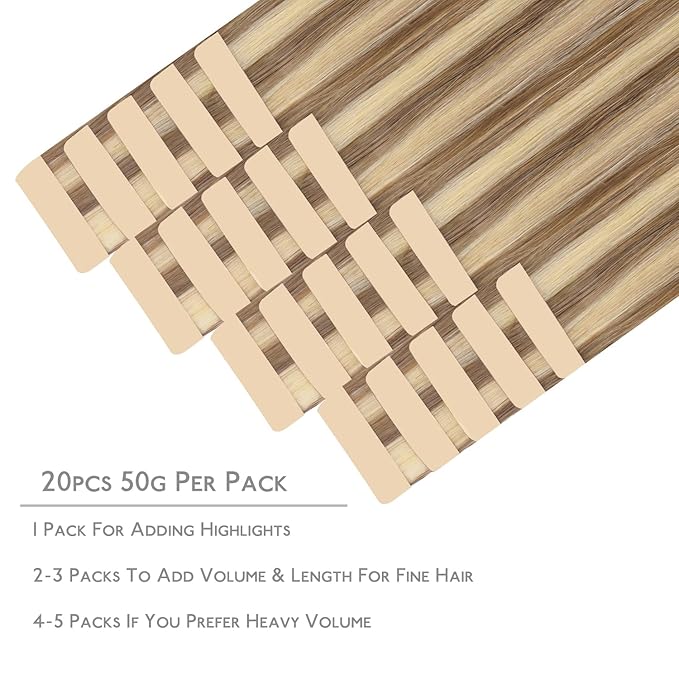 WENNALIFE Tape in Hair Extensions Human Hair, 20pcs 50g 24 inch Ash Brown with Platinum Blonde Highlights Remy Hair Extensions Straight Human Hair Tape in Extensions Skin Weft Tape Extensions