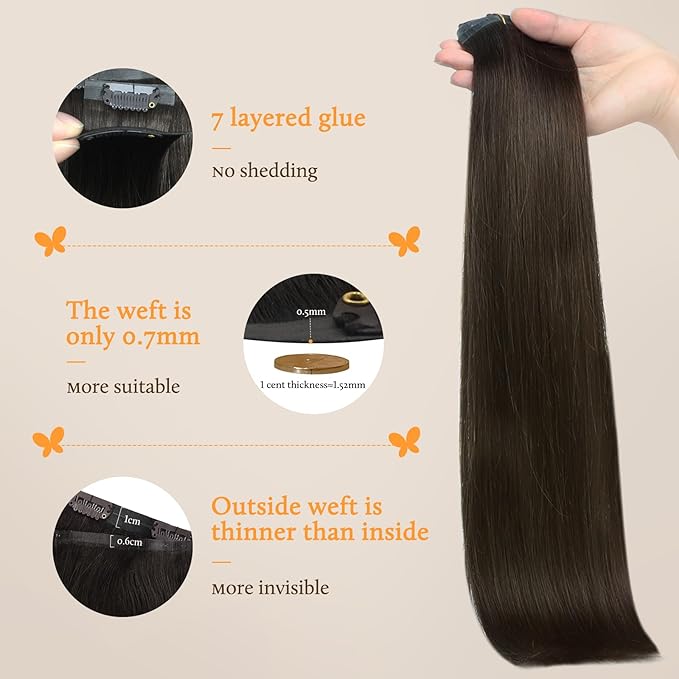 DOORES Clip-in Hair Extensions, Dark Brown 14 Inch 110g 7pcs, Real Human Hair Seamless Clip-ins with PU Weft Invisi Edge, Natural Straight Remy Hair