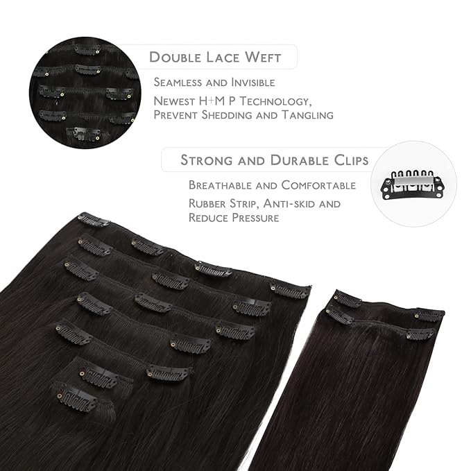WENNALIFE Clip in Hair Extensions, 150g 16 Inch 9pcs Natural Black Human Hair Extensions Thicker Clip in Hair Extensions Real Human Hair Clip Set Double Weft
