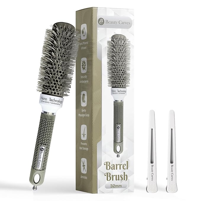Round Brush, 32 mm/1.3 Inch Barrel with 2 Clips – Round Hair Brush with Flexible Nylon 66 Bristles Nano Ionic Heat Resistant Tech for Professional Curling, Styling & Shining Texture