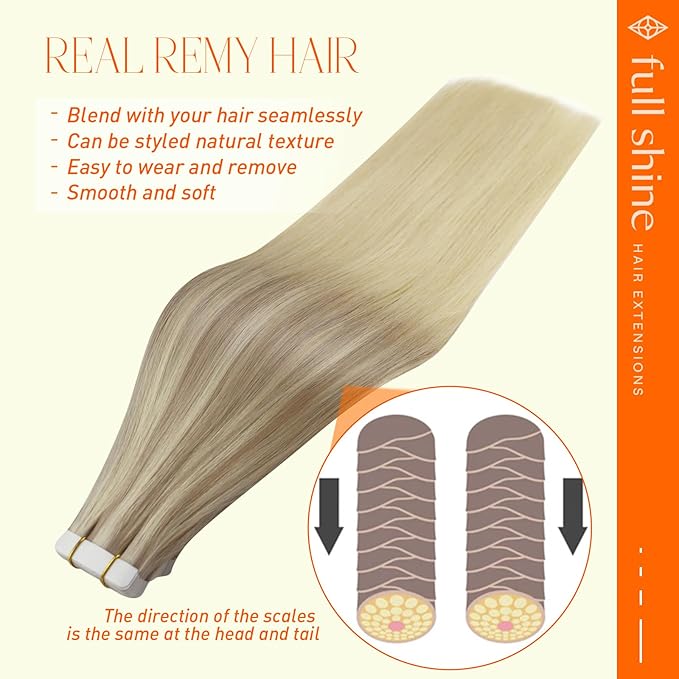 Full Shine Tape in Hair Extensions Human Hair 14 Inch Blonde Tape in Extensions 50G 20Pcs Color 18/22/60 Ash Blonde to Blonde Seamless Tape ins Human Hair Extensions Soft Remy Skin Weft Adhesive
