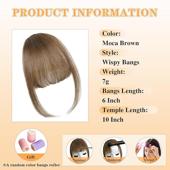 NAYOO Bangs Hair Clip - Moca Brown Fake Bangs 100% Real Human Hair Extensions Wispy Bangs for Women Fringe with Temples Hairpieces Curved Bangs for Daily Wear