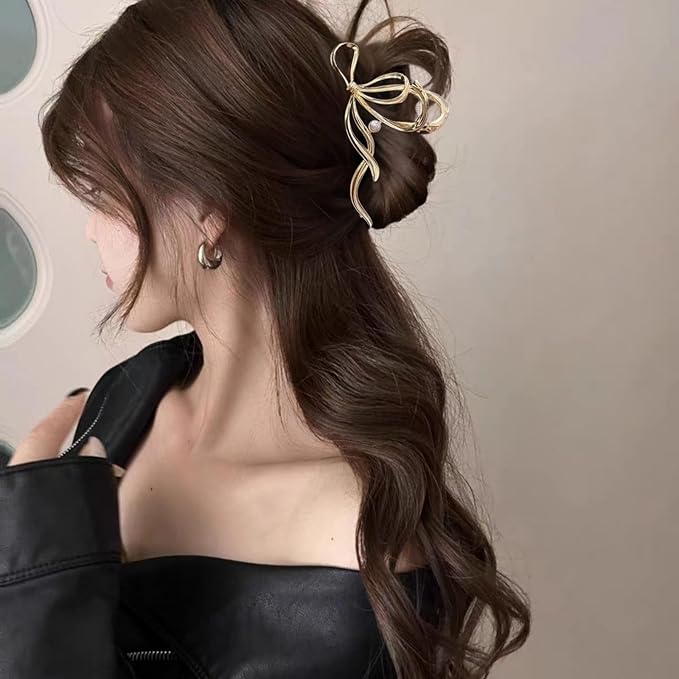 Metal Bow Hair Clips Bow Hair Claw Clips with Pearl Large Bowknot Claw Clip Strong Hold Nonslip Hair Jaw Clip for Thin Thick Hair Stylish Hair Accessories for Women Gold