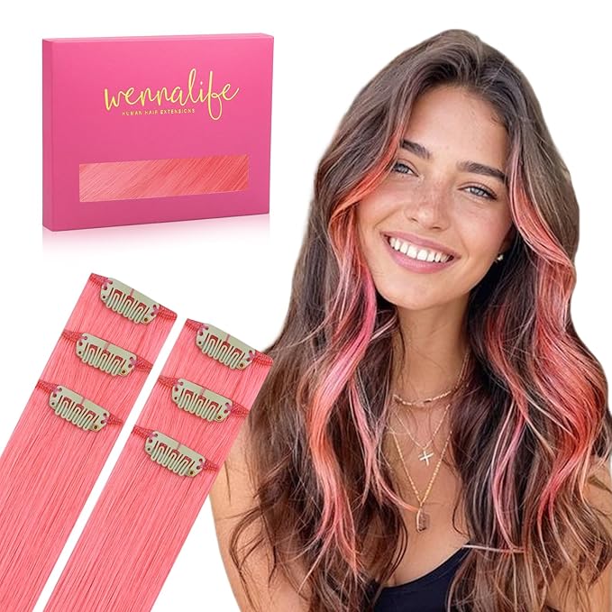 WENNALIFE Light Pink Clip in Hair Extensions Real Human Hair 35g 6pcs 24 Inch Colored Hair Extensions for Kids Women Colorful Hair Pieces Pop-up Style Straight Extensiones De Cabello Humano Con Clip