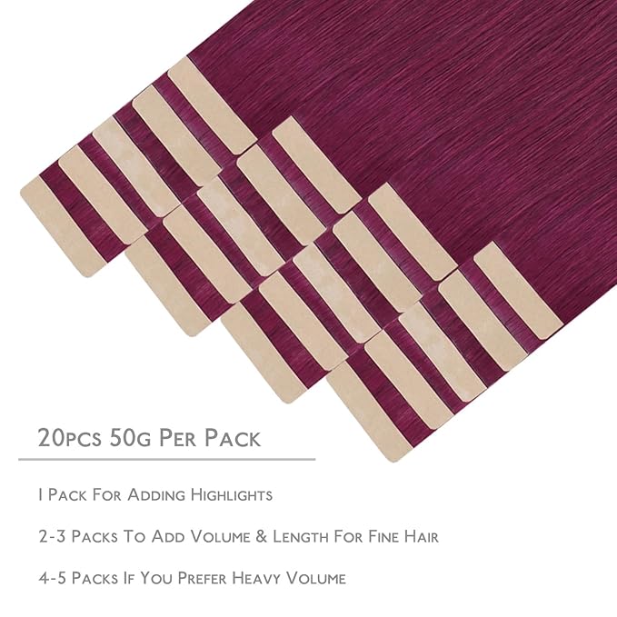 WENNALIFE Tape in Hair Extensions Human Hair, 20pcs 30g 10 inch Light Burgundy Remy Hair Extensions Straight Human Hair Tape in Extensions Skin Weft Tape Extensions Human Hair