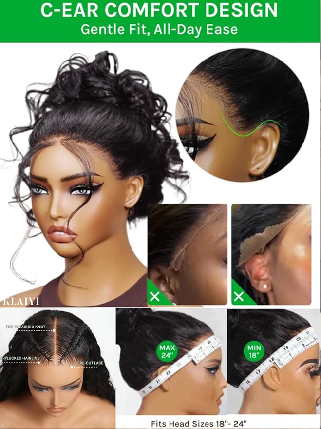 KLAIYI Water Wave Pre Cut 360 Full Lace Frontal Glueless Wig Human Hair Drawstring Pre Plucked Bleached Bye Bye Knots Pre Everything Ready to Wear And Go Curly Beginner Wig with Baby Hair 180% 20Inch