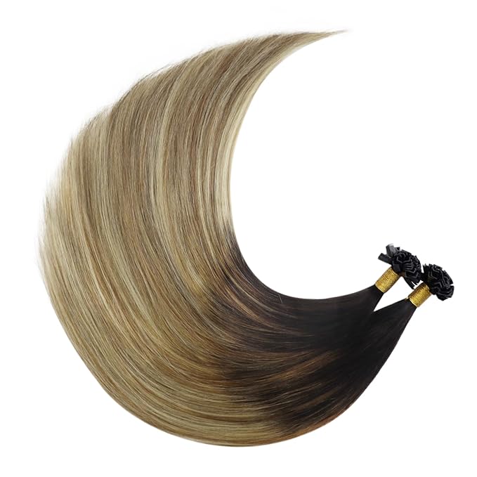 YoungSee K Tip Hair Extensions Human Hair Balayage Ktip Real Hair Extensions Dark Brown Ombre Brown with Blonde Hot Fusion 14In 50s/50g