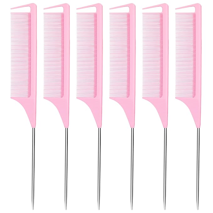 6PCS Hair Rat Tail Comb Metal Carbon Parting Hairdressing Styling Tools for Women and Girls (Pink)