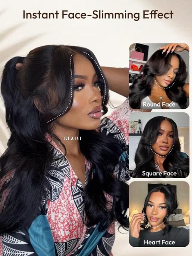 KLAIYI Loose Body Wave Pre Everything Glueless 13x4Lace Front Wig Human Hair Drawstring Precut Lace Pre Plucked Bleached Bye Bye Knots 3S Ready to Wear and Go Wig with Face Framing Curtain Bang 26Inch