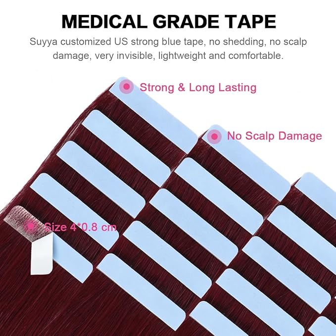 SUYYA Tape in Hair Extensions Human Hair Wine Red Color 100% Remy Human Hair 50g/pack 20pcs Straight Seamless Skin Weft Tape Hair Extensions 99j (22 inches #Burgundy)