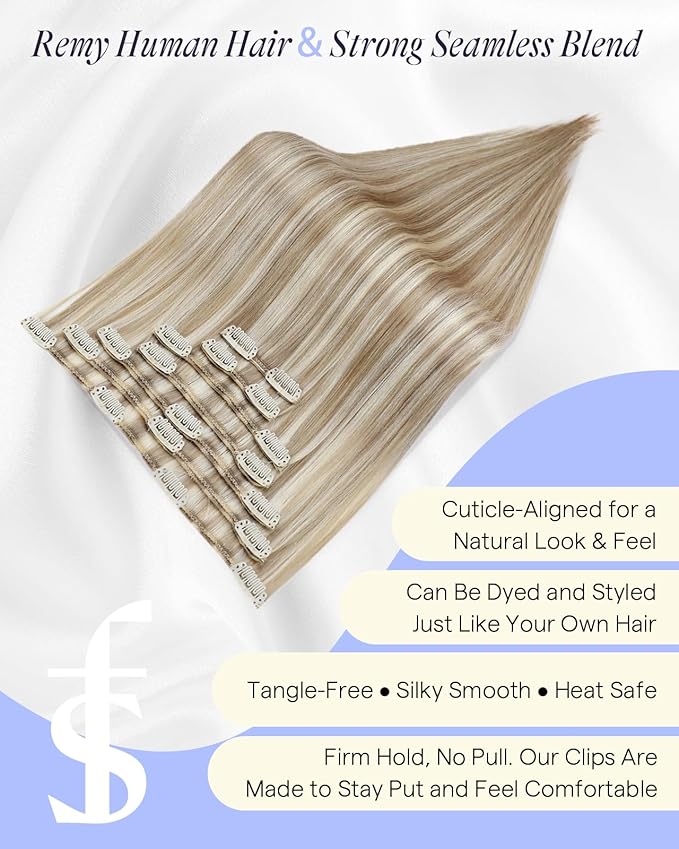 Full Shine Clip in Extensions Blonde Human Hair Highlight Clip in Hair Extensions Dark Blonde Mix Light Blonde Real Human Hair Extensions Clip ins 16 Inch 7 Pcs 135 G