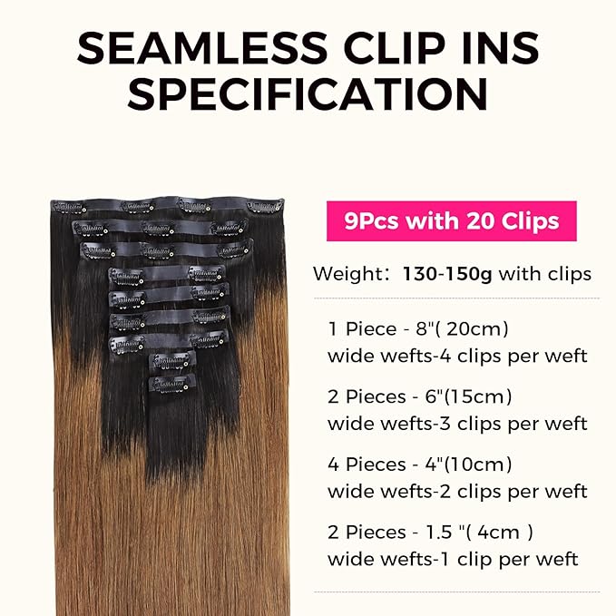 Lashey Seamless Clip in Hair Extensions Human Hair 14 Inch 130g 9pcs Straight Ombre Natural Black to Medium Auburn PU Clip in Hair Extensions Full Human Hair for Women