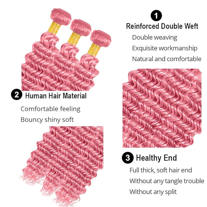 Pink Bundles Human Hair Pure Pink Deep Wave Bundles 26 28 30 Inch Double Weft Grade 8A Brazilian Virgin Remy Hair Extensions 300g