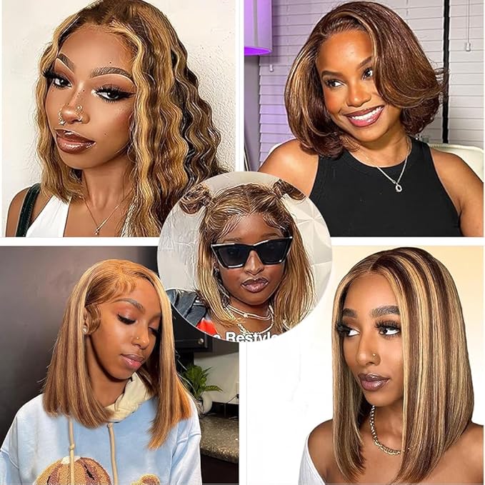 4/27 Ombre Highlight Bob Wig Human Hair 10 inch straight 427 bob wig 13x4 Highlight HD Lace Frontal Bob Wig Human Hair 180% Density Pre Plucked Ombre Short Bob Wigs for Black Women