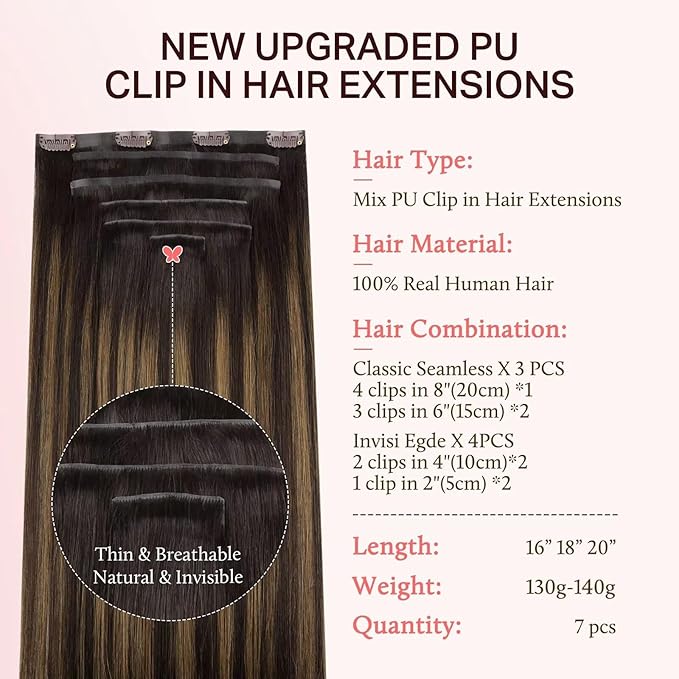 DOORES Clip in Hair Extensions Set 16 Inch 130g, 4pcs Invisi Edge Clip ins and 3pcs Classic Seamless Clip ins, Injected Virgin Real Human Hair Extensions Natural Invisible Straight, #(T2/6) P2