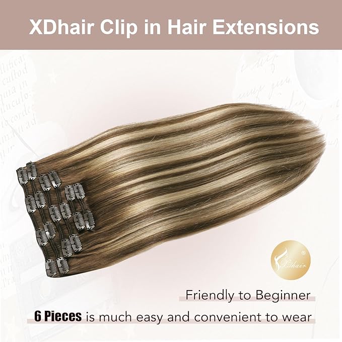 XDhair Human Hair Clip in Extensions 120g 20 Inch Chocolate Brown to Caramel with Chocolate Brown Roots Clip in Hair Extensions Real Human Hair Silky Straight 6pcs #4/27/4