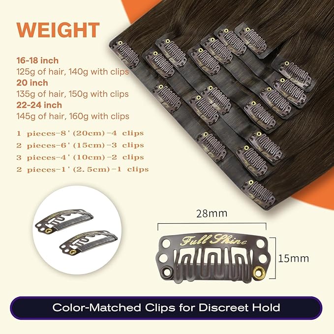Full Shine Clip in Hair Extensions 24 inch 160g 8Pcs Seamless Clip in Hair Extensions Brown Remy Hair Clip ins for Women PU Skin Weft