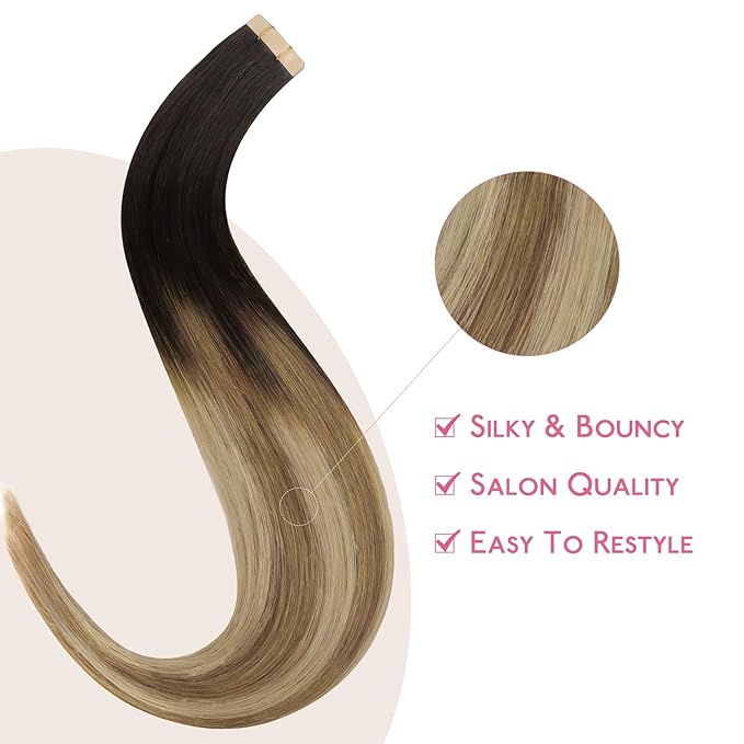 WENNALIFE Tape in Hair Extensions Human Hair Dark Brown to Chestnut Brown and Dirty Blonde Highlighted Tape in Extensions, 10pcs 25g 14 inch Remy Invisible Tape Ins Straight Colored Soft Refill Set