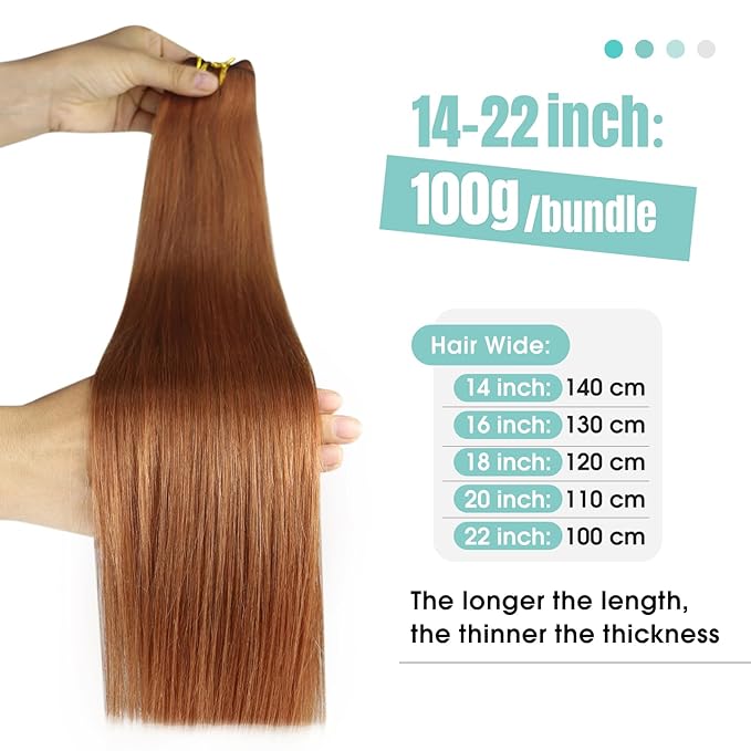 YoungSee Sew in Extensions Copper Weft Hair Extensions Colorful Human Hair Weft Extensions Light Copper Long Straight Hair 100G 24Inch