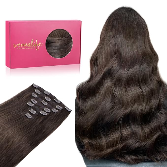 WENNALIFE Clip in Hair Extensions Real Human Hair, 16 Inch 120g 7pcs Light Dark Brown Hair Extensions Clip in Human Hair Remy Clip in Hair Extensions Real Human Hair Double Weft
