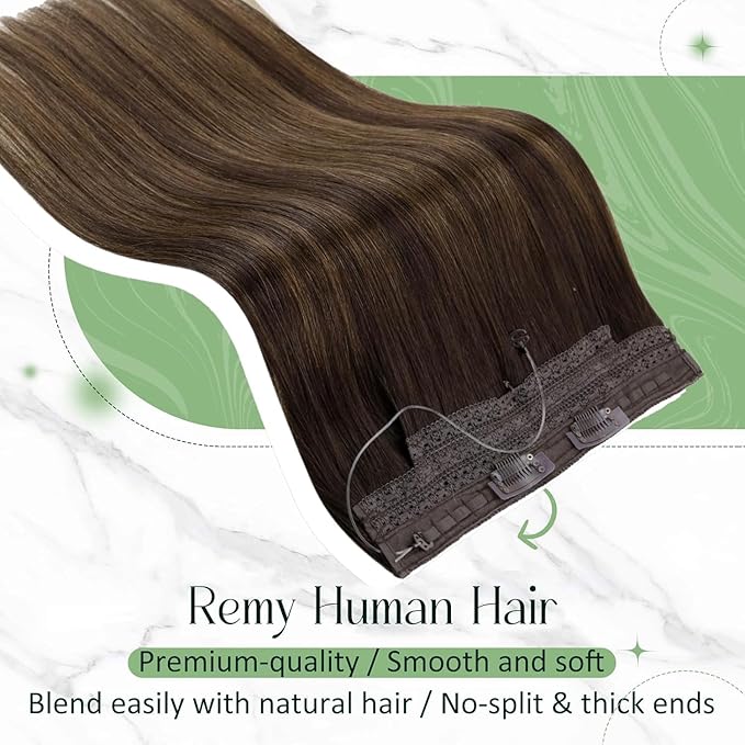 RUNATURE Invisible Wire Hair Extensions Real Human Hair, Balayage Human Hiar Extensions with Transparent Headband Fish Line Extensions, Soft Remy Hair for Women, One Piece 14 Inch 70g #2/2/6