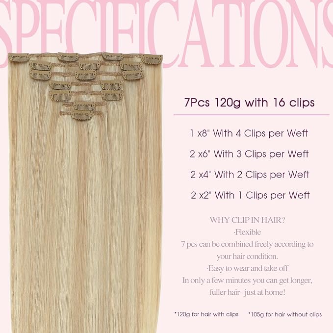 PINKPEARL Clip in Hair Extensions #27P60 Caramel Blonde Highlighted Platinum Blonde 120g 7pcs 14 Inch Clip in Hair Extensions Real Human Hair Hair Extension Clip Ins(#27P60-14)