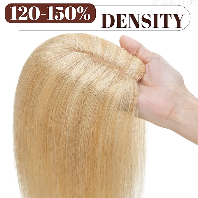 SEGO Real Human Hair Topper for Women, No Bangs Hair Topper with Anti-Slip Clips (14 Inches Ash Blonde Mix Bleach Blonde)