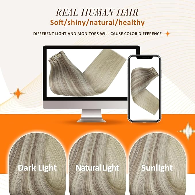 Full Shine Clip in Human Hair Extensions 22 Inch Ash Blonde Balayage Light Blonde Mix Platinum Blonde Real Hair Clip in Extesnions Silky Hair Extension 8 PCS 120 G