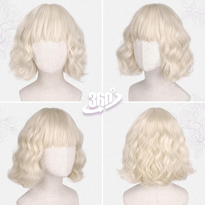 BARSDAR Short Wavy Platinum Blonde Wig with Bangs - Short Wavy Platinum Blonde Wig for Women - Textured Curly Chic French Bob Wigs with Face-Framing Bangs Soft Synthetic Natural Looking