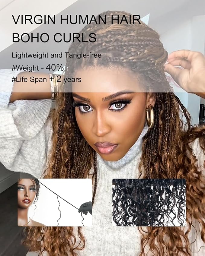 Human Hair Boho Curls Hand-Tied HD Full Lace Wig - 24" Salon-Level Small Box Synthetic Braids (100 Braids, High Density) Pre-Cut Swiss HD Lace, Pre-Plucked, Knotless - 1B/30 Ombre Brown