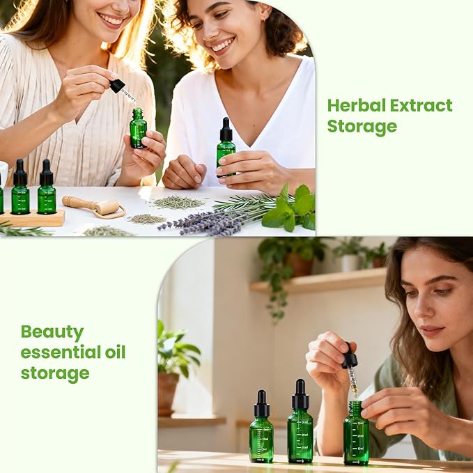 63 Pcs 1oz Green Glass Dropper Bottles with Measurement, 30ml Leakproof Tincture Bottles with Funnels, Eye Droppers, Extra Caps & Labels, Refillable Empty Bottles for Tinctures, Essential Oils