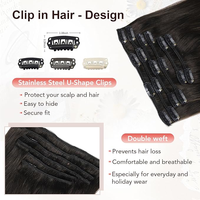 XDhair Clip in Hair Extensions Real Human Hair 18 Inch 120g Natural Straight Human Hair Clip in Extensions for Woman, Soft Straight 6pcs Per Set with 18 Clips Double Weft #1B