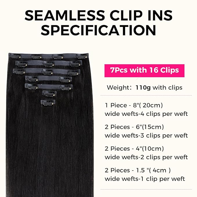 Lashey Seamless Clip in Hair Extensions Human Hair #1 Jet Black Light Yaki Straight Clip in Extensions Real Human Hair 7pcs 110g 14 Inch PU Weft Natural Hair Extensions for Women