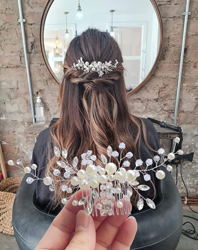 3PC Clysburtuony Bridal Hair Accessories for Women: Flower Side Hair Clips, Pearl Headpiece, Hair Pins (White Combs)