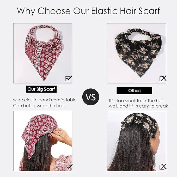 6 Pack Hair Scarf Headband for Women Elastic Bandana Head Scarf Large Boho Triangle Kerchief with Clips Non Slip Scarves