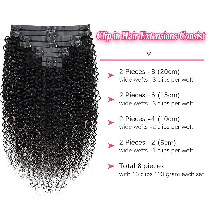 18 Inches Seamless Kinky Curly Clip in Hair Extensions Real Human Hair #1B Natural Color Brazilian Virgin 3c 4a Curly Clip ins Human Hair Extensions