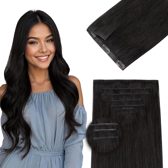DOORES Human Hair Clip in Extensions 22 Inch 130g 7pcs, Invisi Edge Seamless Real Human Clip in Hair Extensions Invisible Remy Virgin Clipins Straight Skin Weft Thickening, 1B Natural Black