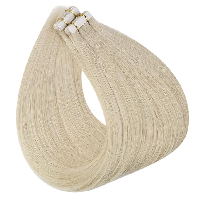 Full Shine Blonde Tape in Hair Extensions Human Hair 18 Inches Color Platinum Blonde 60 Double Sided Tape ins Human Hair Extensions Invisible Skin Weft 20Pieces 50Grams for Women Soft