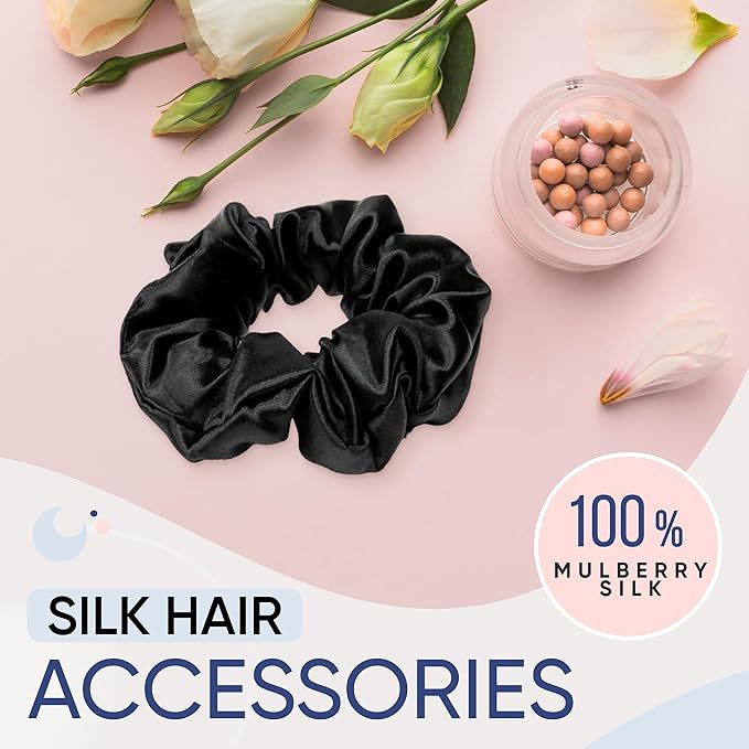 Blissy Silk Scrunchies (3 Pack) - 100% Pure Mulberry Silk - 22 Momme 6A High-Grade Fibers Scrunchie for Straight & Curly Hair - Preventing Breakage, Tangling, & Creasing (Black Skinny)